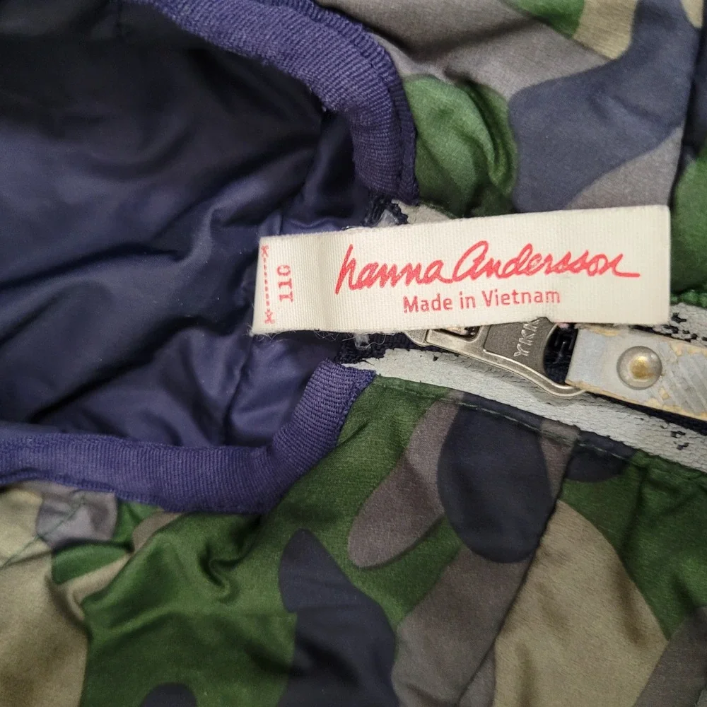 Hanna Andersson 110 Reversible Camo Puffer Jacket Kids Green Navy Down Hooded